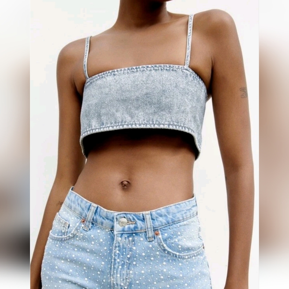 Zara SEQUINNED FOIL DENIM CROP TOP - Picture 3 of 8